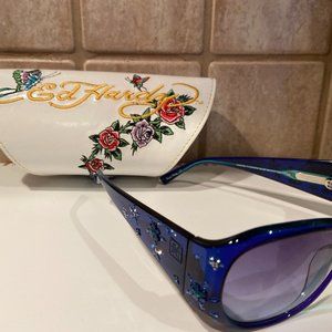 Ed Hardy Sakura Flowers Blue Sunglasses with White Embroidery Case - NEW no box